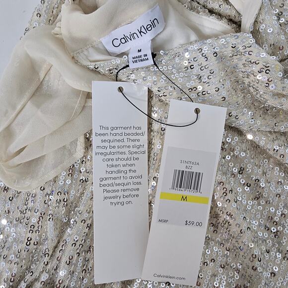 NWT Calvin Klein Sequin Top Blouse Size M Sleeveless Tie Front Halter neck Cream - Picture 10 of 12